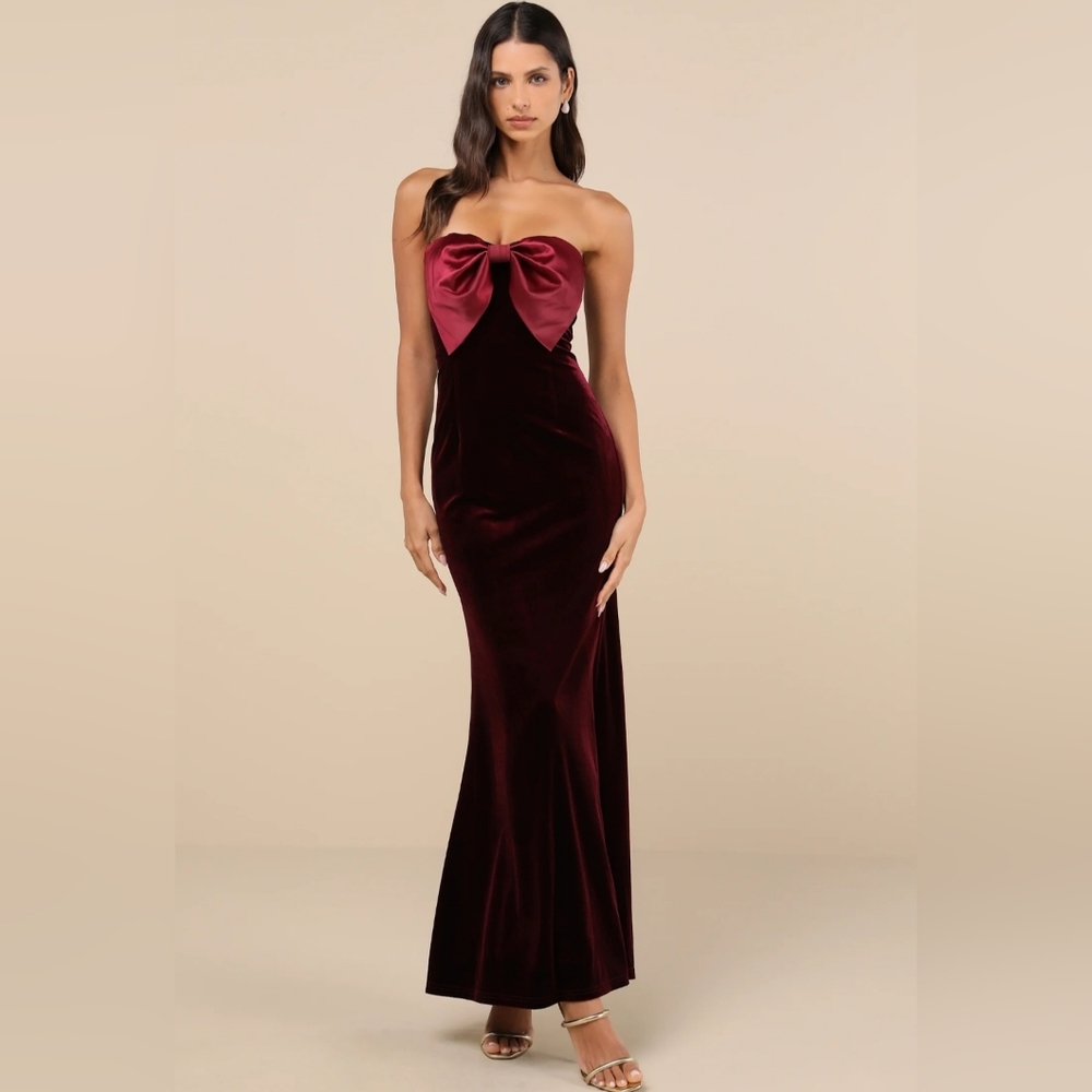 Lulus Dramatic Stunner Burgundy Velvet Bow Strapless Maxi Dress